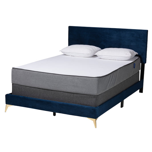 Abberton Panel Bed - Modern and Contemporary Navy Blue Velvet with Gold Metal Accents