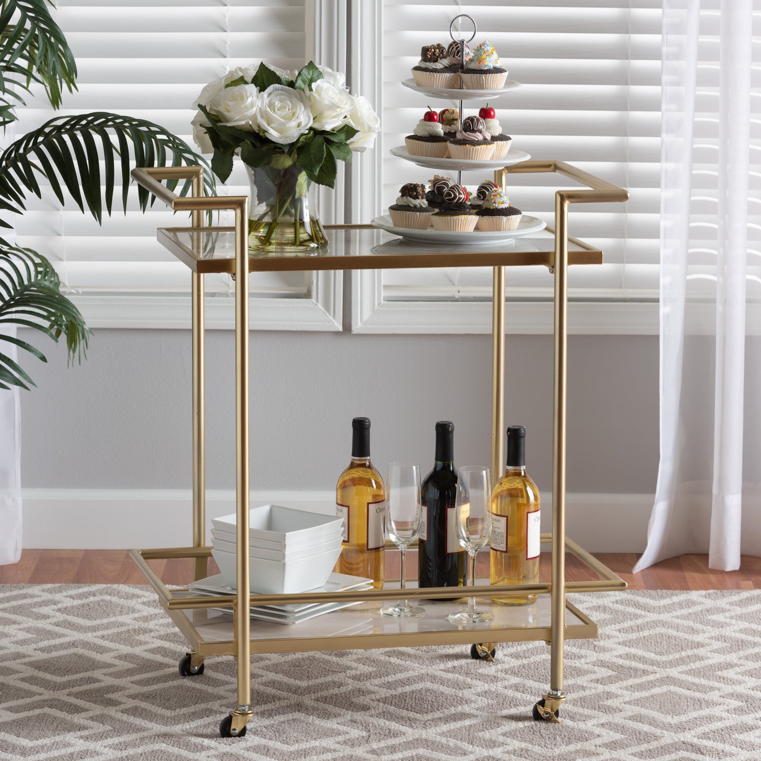 Louise 2-Tier Wine Cart in Contemporary Glam Style with Gold Metal and White Marble Finish