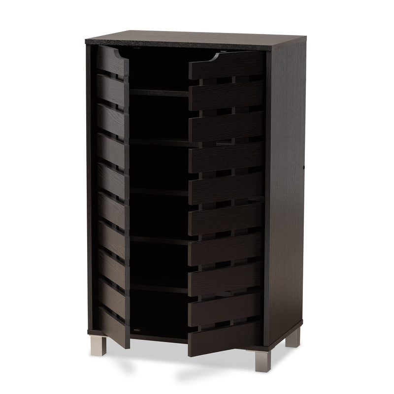 Ernest Shoe Storage Cabinet in Dark Brown Finished Wood with 2 Doors for Organized Footwear