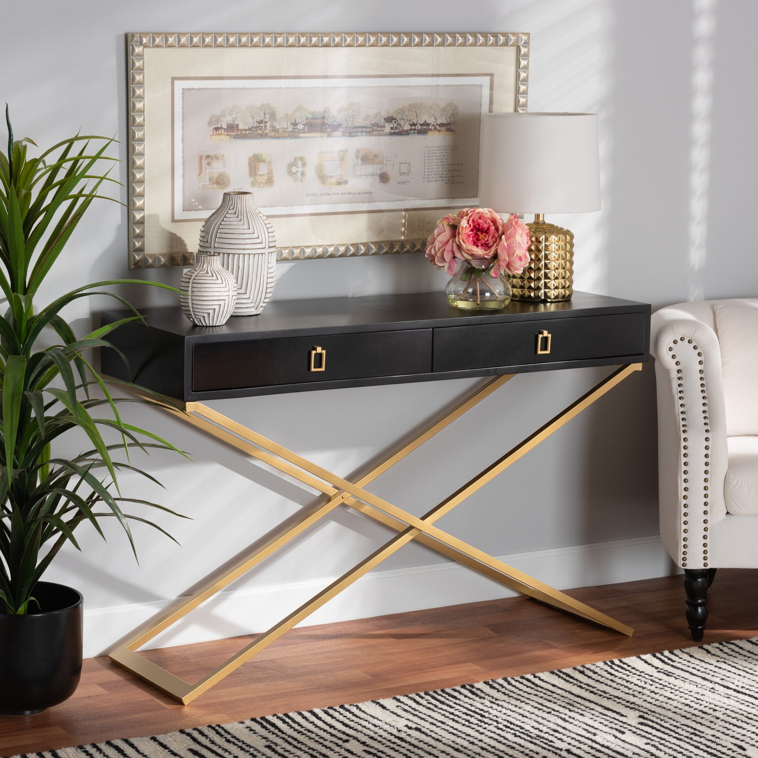 Madan Console Table Modern and Contemporary Black Finished Wood and Gold Metal 2-Drawer