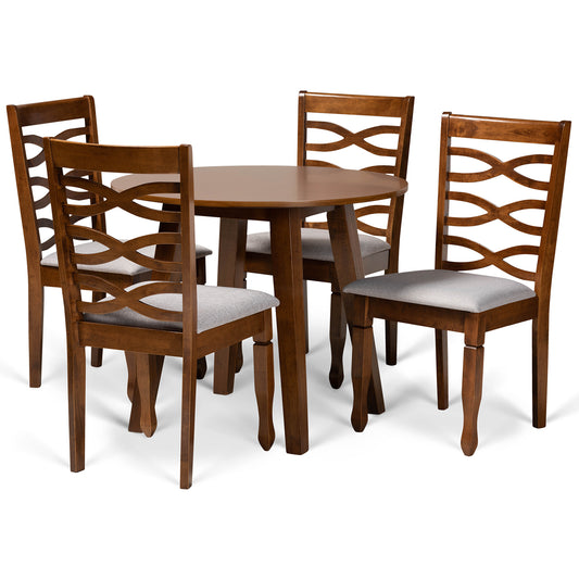 Darina 5-Piece Dining Set Modern Grey Fabric Upholstered Chairs with Walnut Brown Finished Wood Table