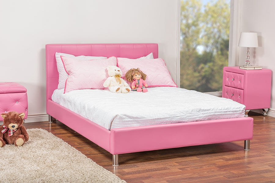 Barbara Pink Leather Full Size Bed with Modern Design and Crystal Button Tufting