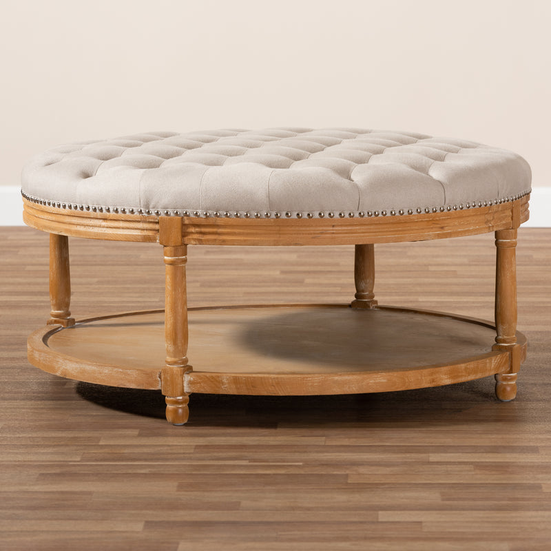 Ambroise Cocktail Ottoman French Provincial Beige Linen Upholstered White-Washed Oak Wood Button-Tufted Design with Convenient Shelf