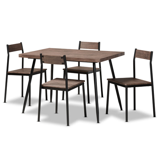 Mave 5-Piece Dining Set in Modern Contemporary Style with Walnut Wood and Black Metal Accents