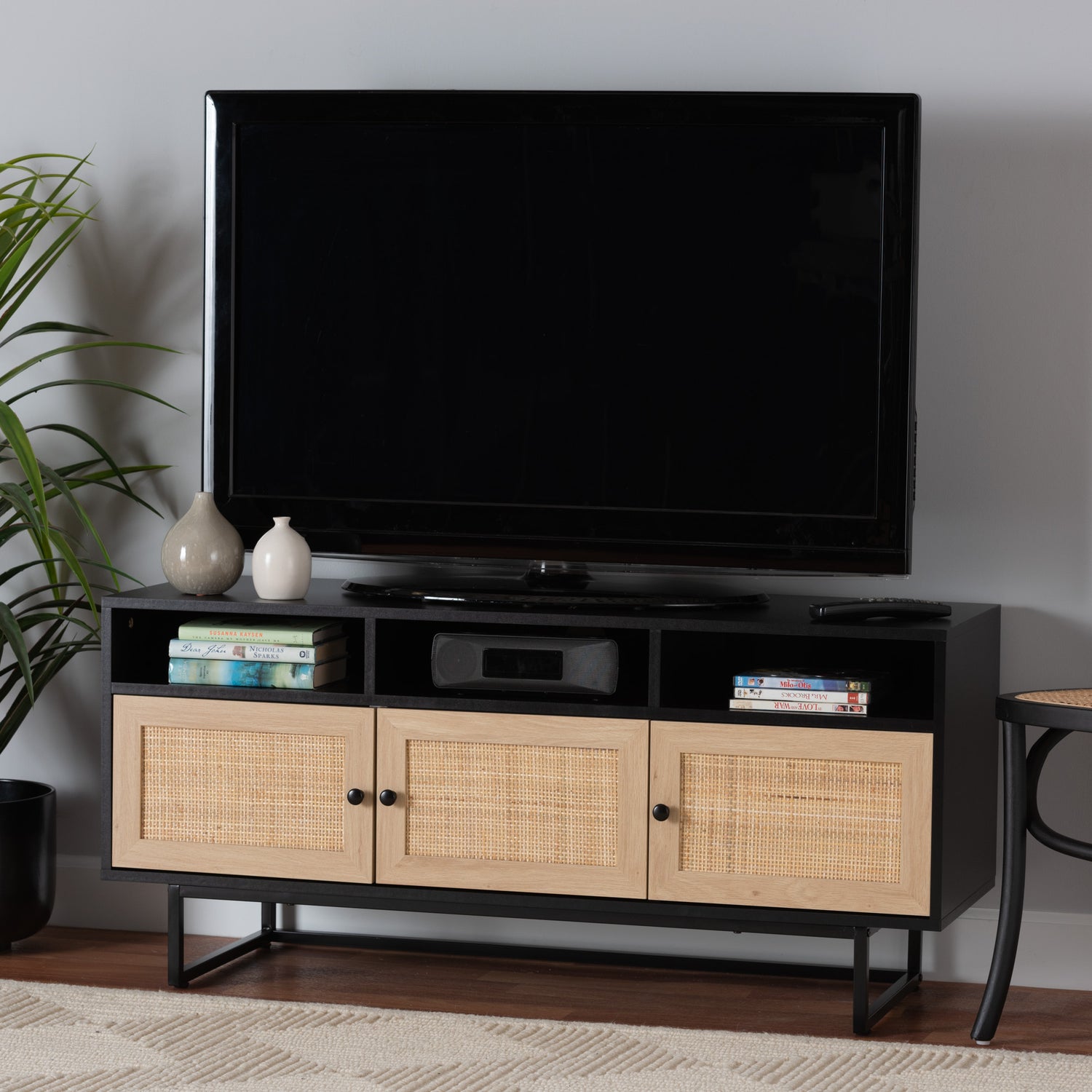 Declan TV Stand Mid-Century Modern Espresso Brown Wood with Natural Rattan Featuring 3 Doors for Stylish Storage and Organization