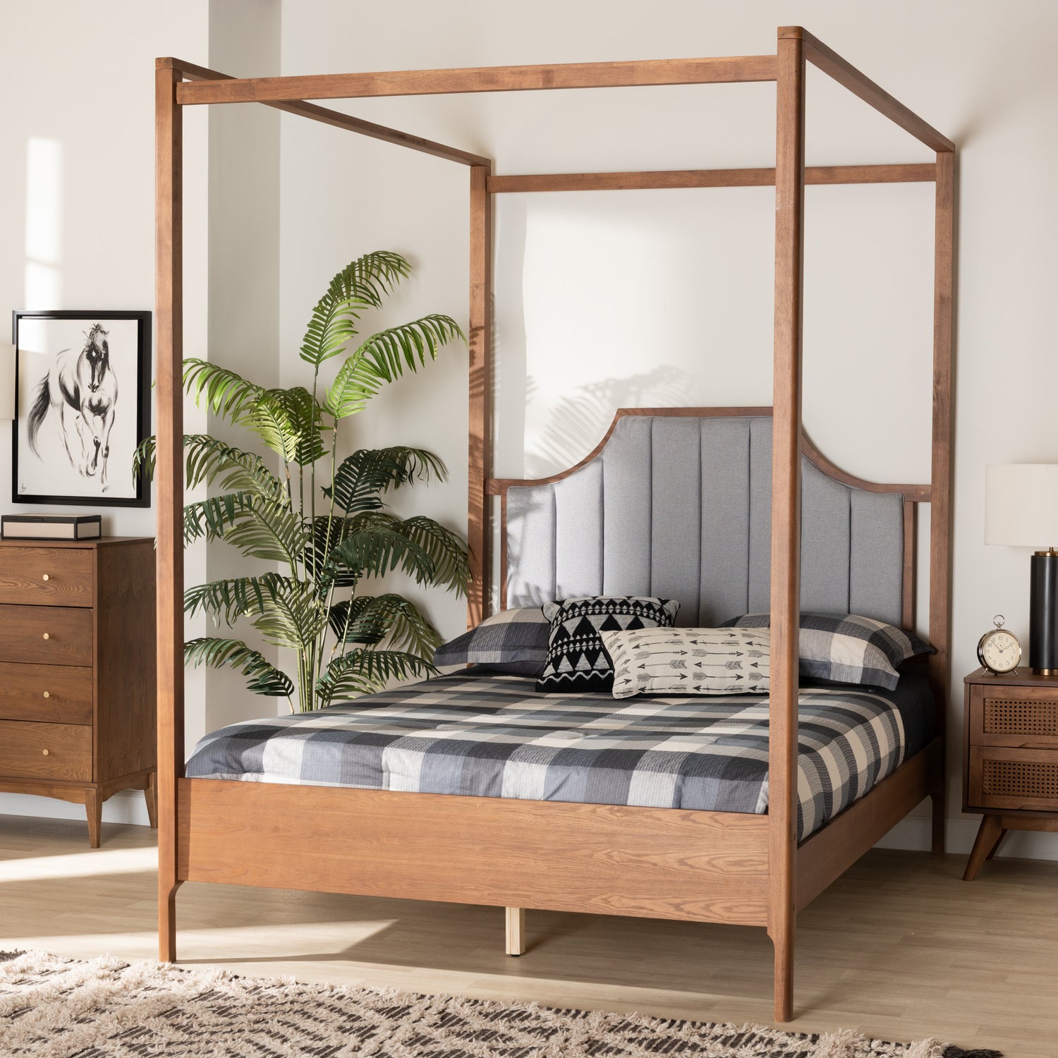 Dakota Queen Size Platform Canopy Bed in Light Grey Fabric with Ash Walnut Finish - Classic Design for Elegant Bedrooms