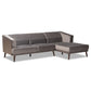 Morton Sectional Sofa Mid-Century Modern Contemporary Grey Velvet Fabric Upholstered Dark Brown Finished Wood with Right Facing Chaise