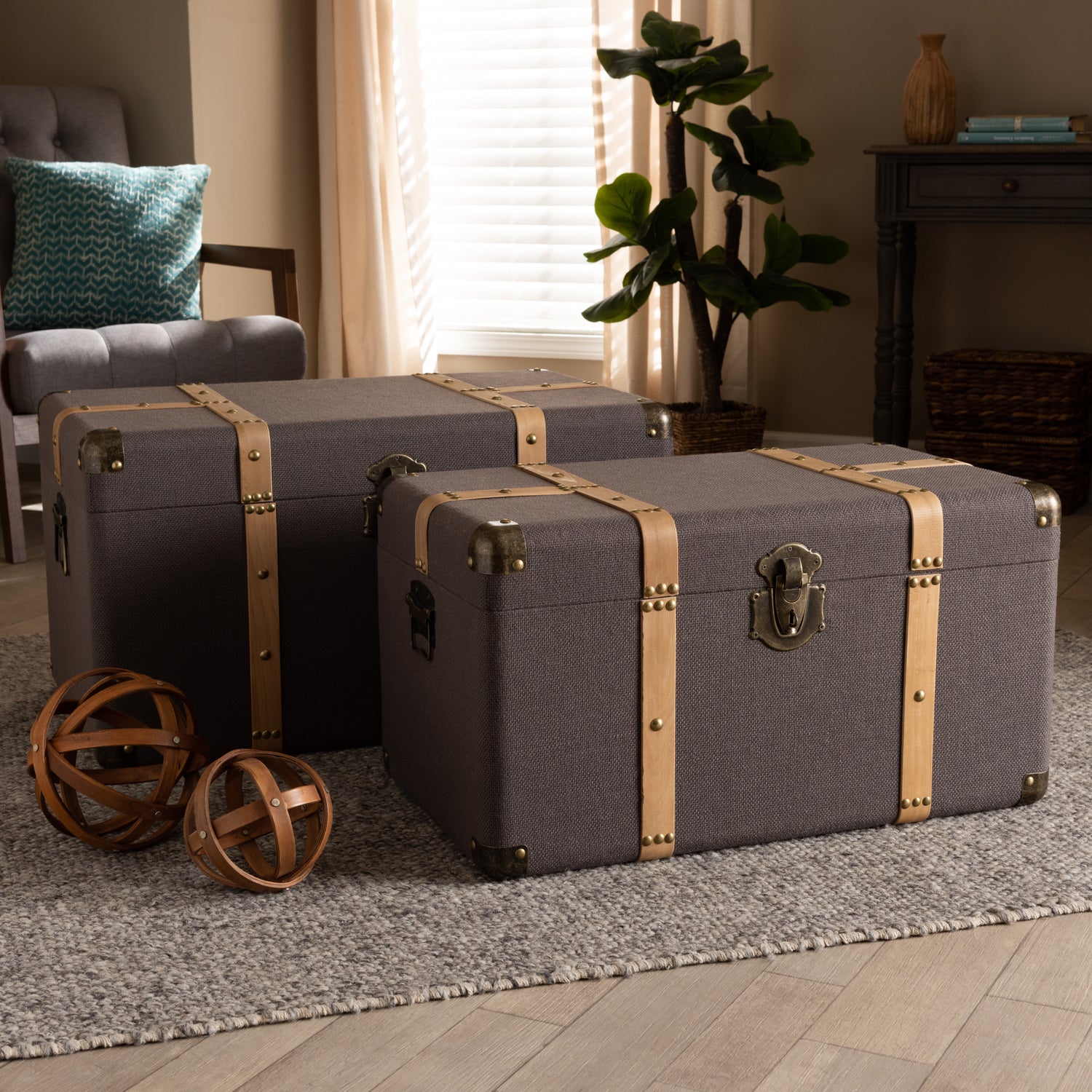 Stephen Storage Trunk Set Modern 2-Piece Dark Brown Fabric Upholstered with Oak Brown Finish