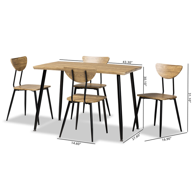 Gianetta 5-Piece Dining Set in Mid-Century Modern Style with Oak Brown Wood and Black Metal Accents