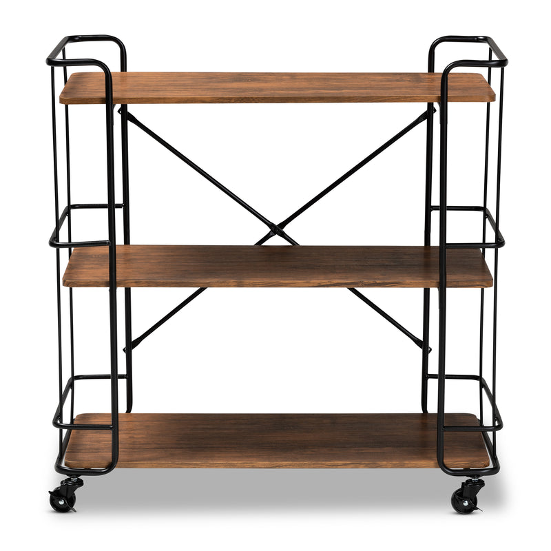 Neal Bar and Kitchen Serving Cart Rustic Industrial Style Black Metal Frame Walnut Finished Wood Top