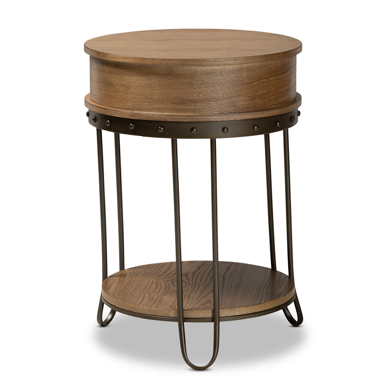 Kellyn End Table Vintage Rustic Industrial Design with Oak Brown Wood and Black Metal, Featuring 1 Storage Drawer