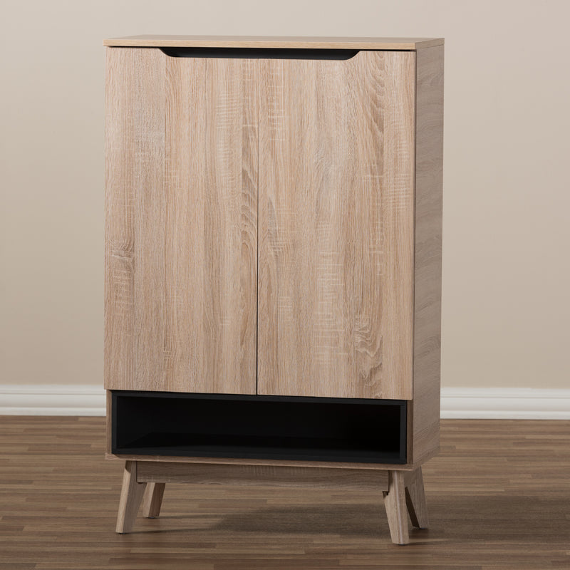 Fella Shoe Cabinet - Mid-Century Modern Two-Tone Oak and Grey Storage Solution for Entryway and Hallway Organization