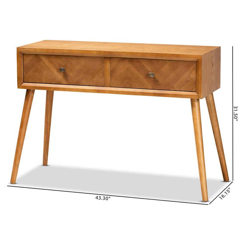 Mae Mid-Century Modern Console Table Natural Brown Wood with 2 Drawers for Stylish Storage and Display