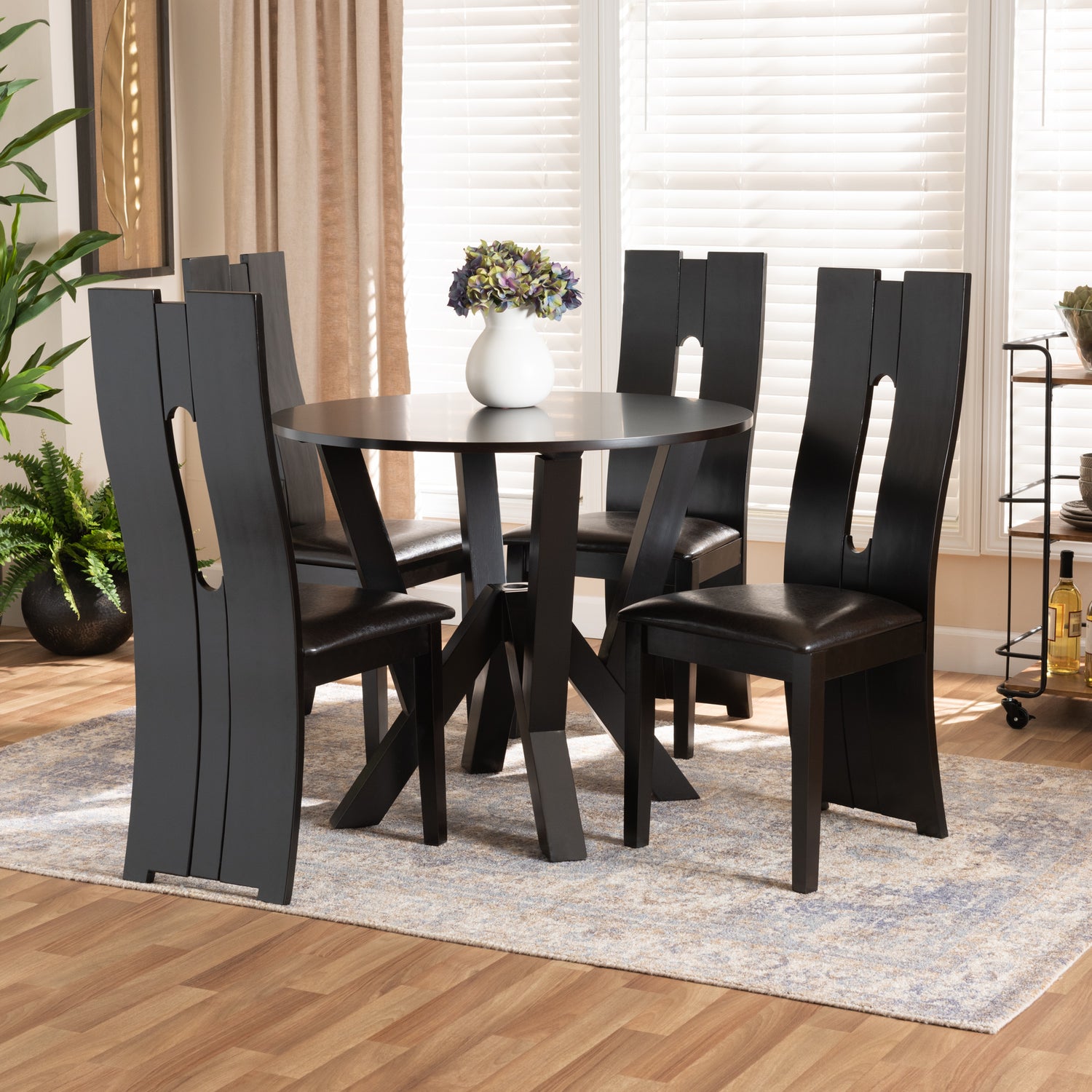 Senan Dining Set Modern 5-Piece Collection with Dark Brown Faux Leather Upholstery and Finished Wood