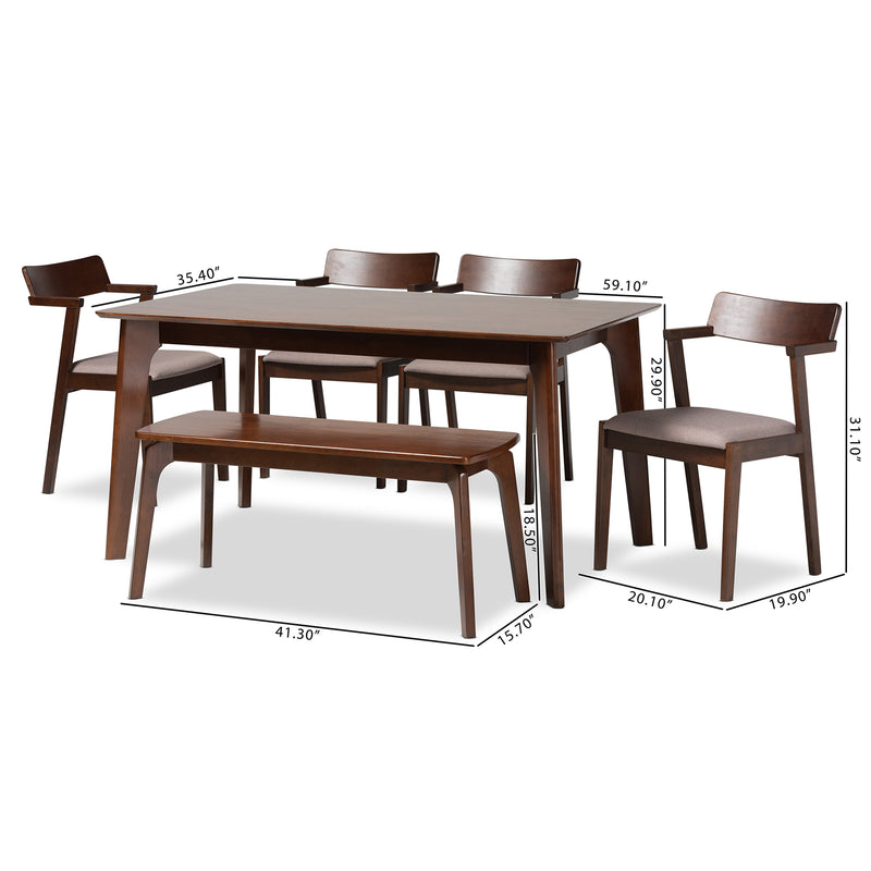 Berenice Dining Set Mid-Century Modern 6-Piece Collection in Warm Grey Fabric and Dark Brown Wood Finish