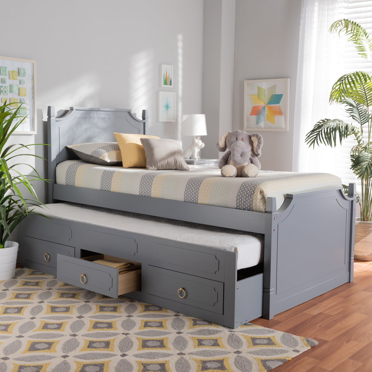 Mariana Twin Size Storage Bed Traditional Grey Finished Wood with 3 Drawers and Pull-Out Trundle for Space-Saving Solutions