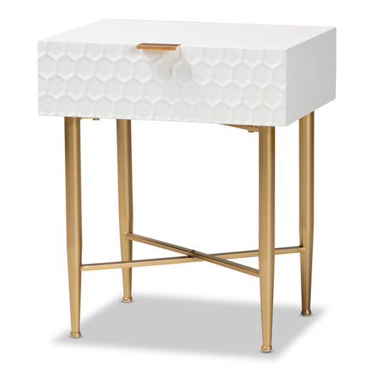 Marcin End Table Contemporary Glam Luxe Design White Finished Wood Gold Metal 1 Drawer for Storage