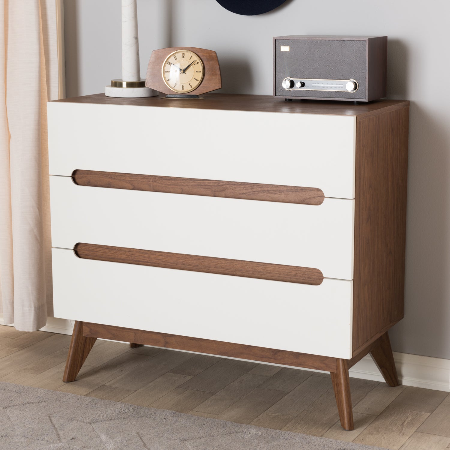 Calypso Mid-Century Modern 3-Drawer Storage Chest in White and Walnut for Stylish Organization and Home Décor