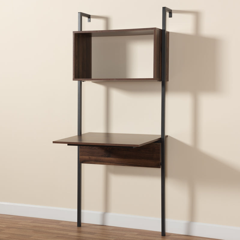 Fariat Display Shelf - Modern Industrial Walnut Brown Wood and Black Metal with Integrated Desk for Stylish Storage and Organization