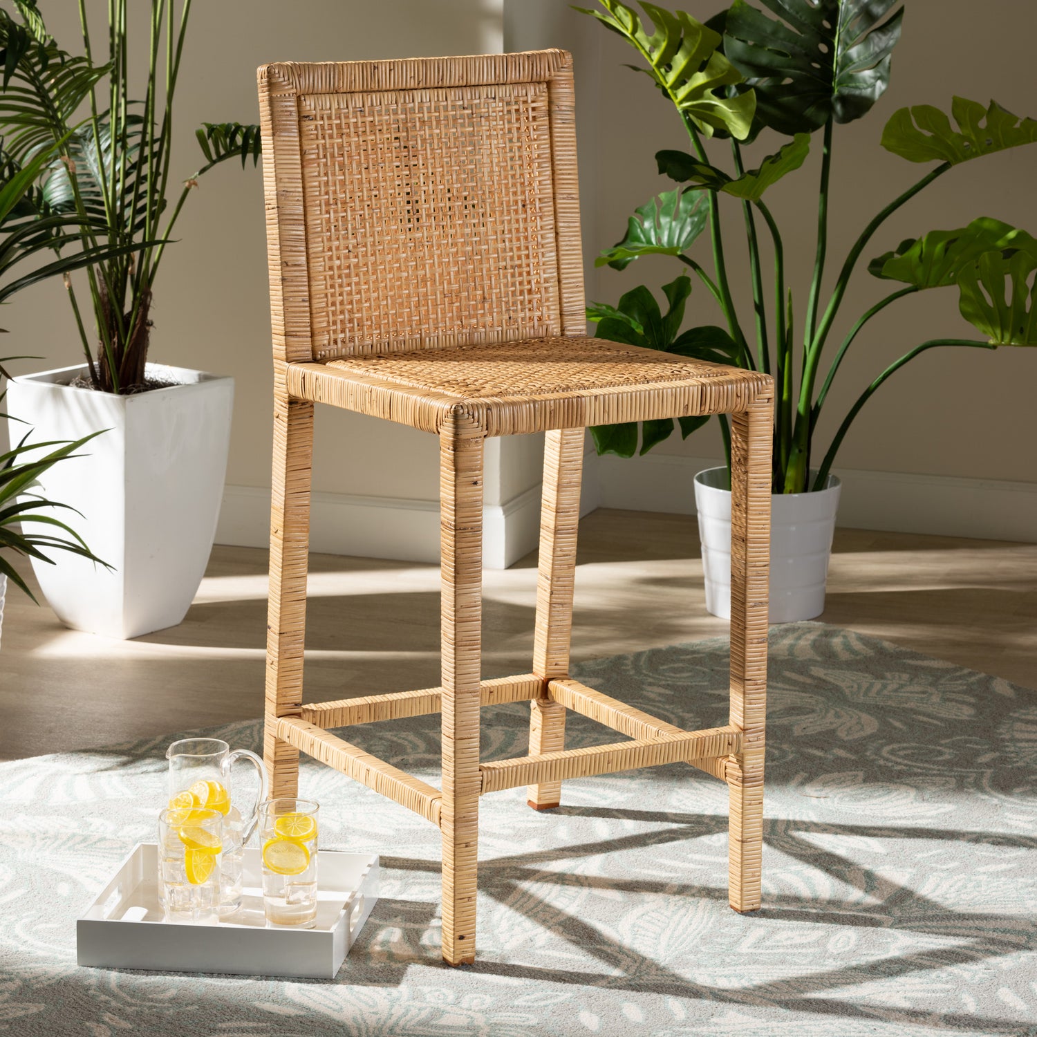 Sofia Counter Stool - Modern Contemporary Design with Natural Wood and Rattan Seat