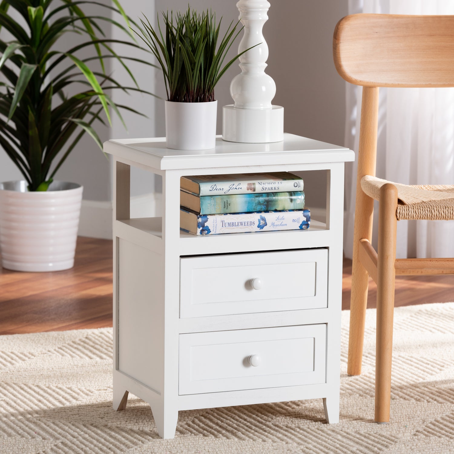 Karsen End Table - Modern White Finished Wood Design with 2 Drawers for Stylish Storage