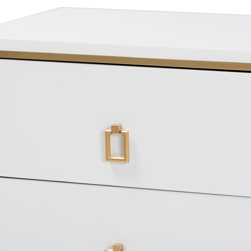 Donald End Table Modern Glam and Luxe White Finished Wood and Gold Metal 2-Drawer