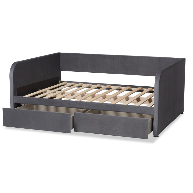 Basanti Full Size Daybed Modern Contemporary Grey Velvet Upholstered with 2 Drawers for Stylish Storage and Comfort