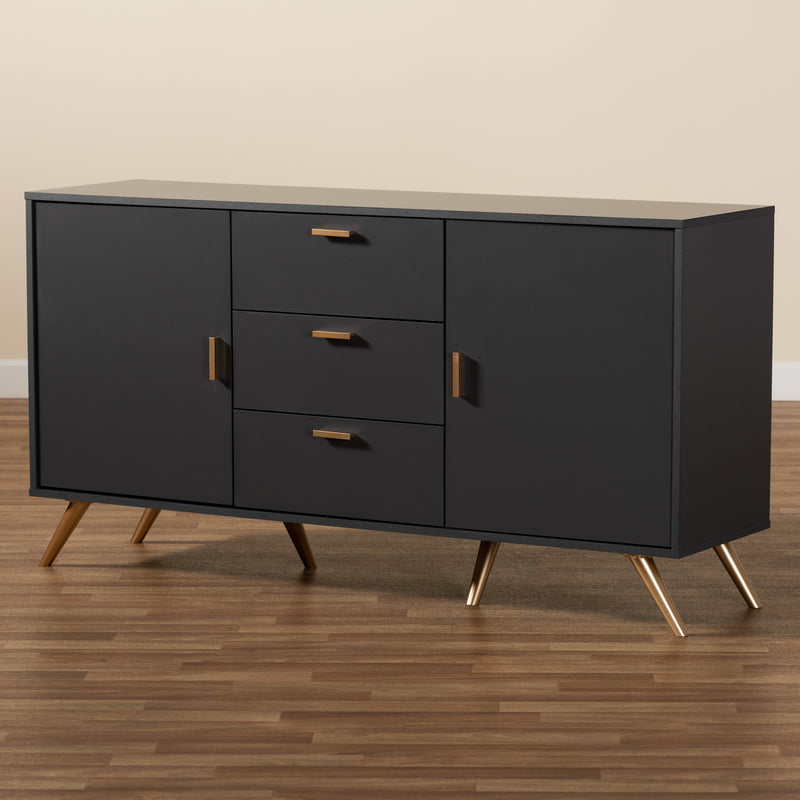 Kelson Sideboard Buffet - Modern Dark Grey and Gold Finished Wood 2-Door Storage Cabinet