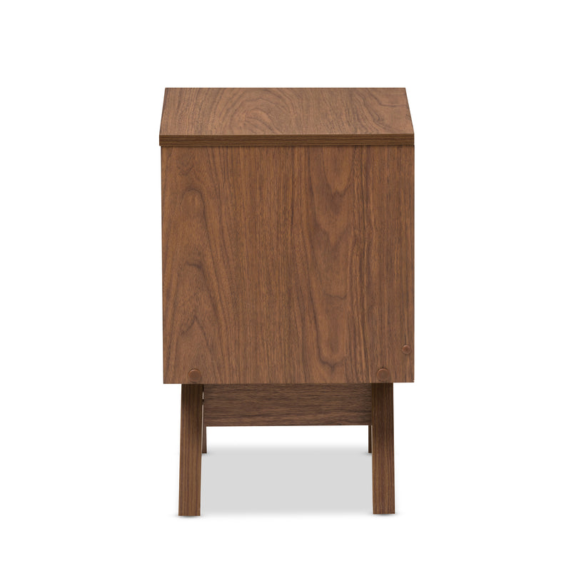 Hildon Mid-Century Modern Nightstand with 2 Drawers in White and Walnut for Stylish Bedroom Storage