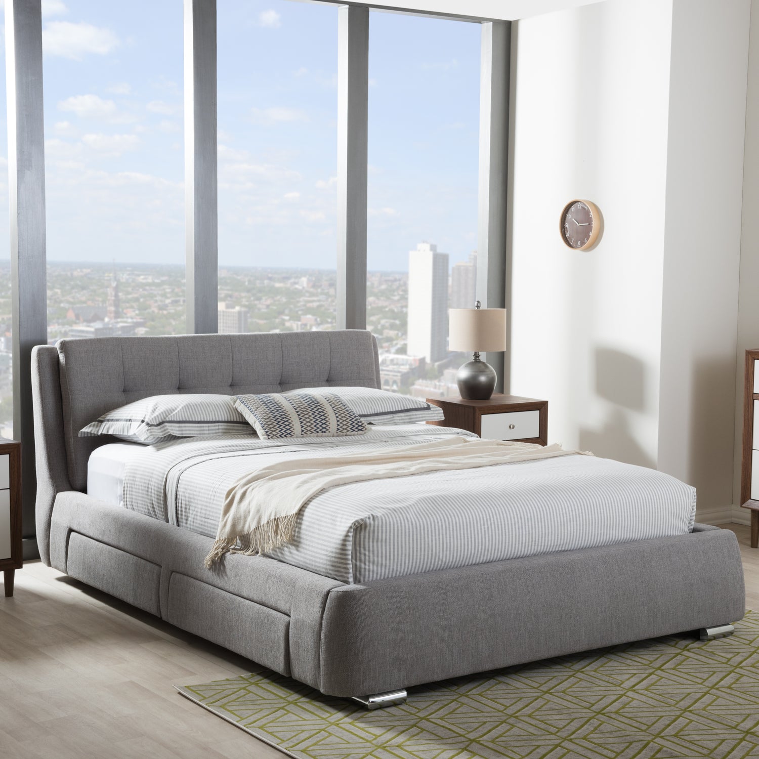 Camile Modern and Contemporary Grey Fabric Upholstered Storage Platform Bed with 4 Drawers