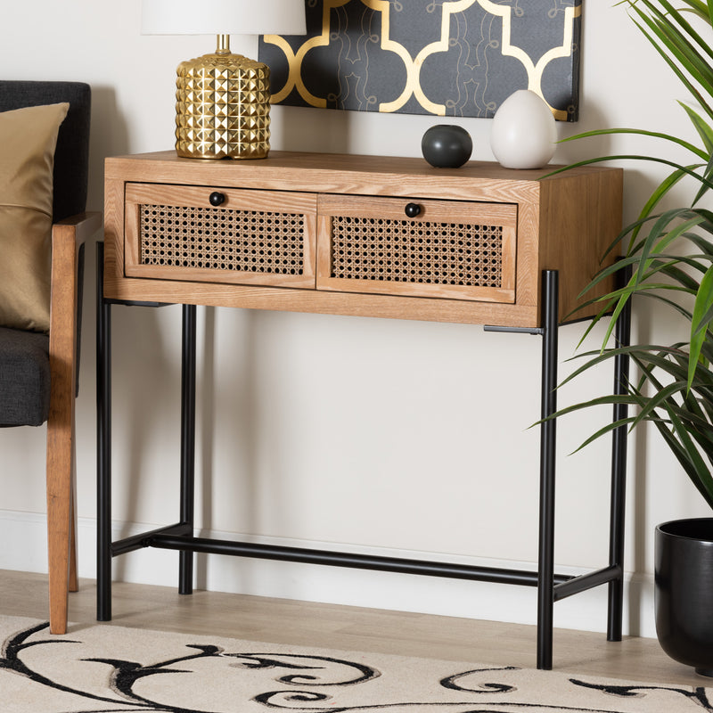 Santino Console Table Modern Industrial Design Natural Brown Wood Black Metal 2 Drawers for Storage and Style