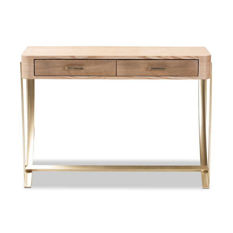 Lafoy Console Table Modern Contemporary Design Natural Brown Wood Gold Accents 2 Drawers for Storage