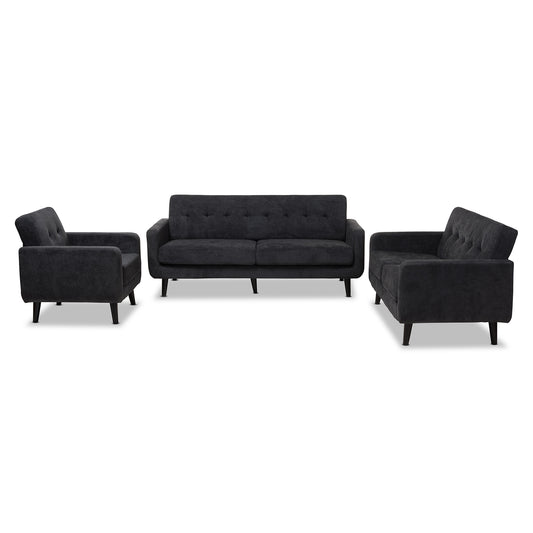 Carina Living Room Set Mid-Century Modern Dark Grey Fabric Upholstered 3-Piece