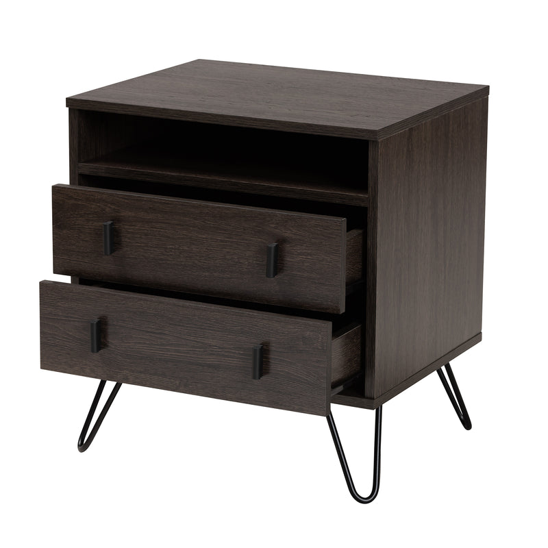 Glover Modern Nightstand Dark Brown Wood with Black Metal Accents Featuring 2 Drawers for Stylish Bedroom Storage