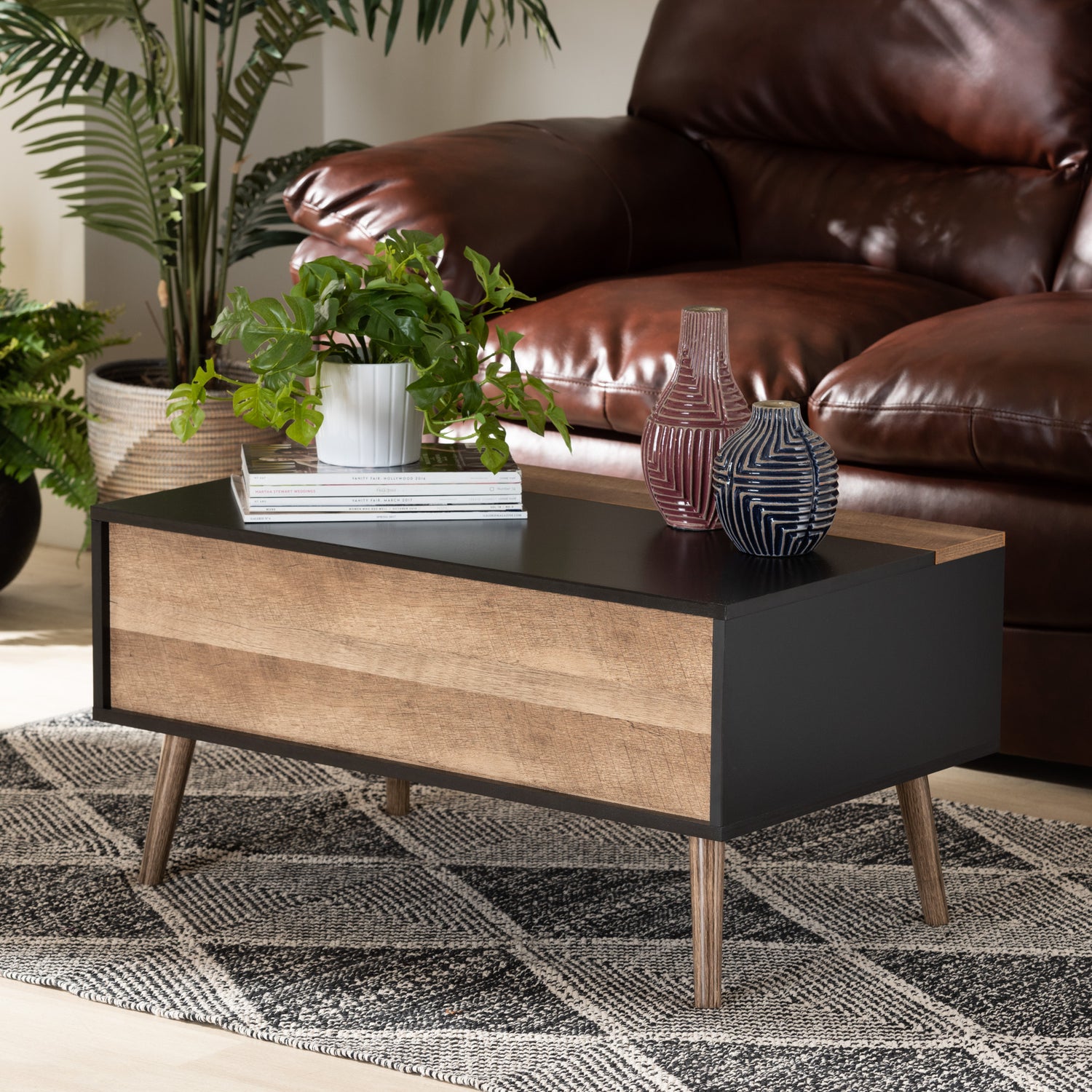 Jensen Coffee Table Modern Two-Tone Design in Black and Rustic Brown with Lift Top and Storage Compartment