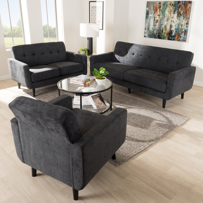 Carina Living Room Set Mid-Century Modern Dark Grey Fabric Upholstered 3-Piece