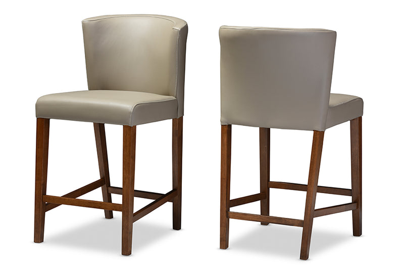 Olivia Pub Stool Set of 2 Mid-century Modern Scandinavian Dark Walnut Wood Grey Faux Leather Upholstery