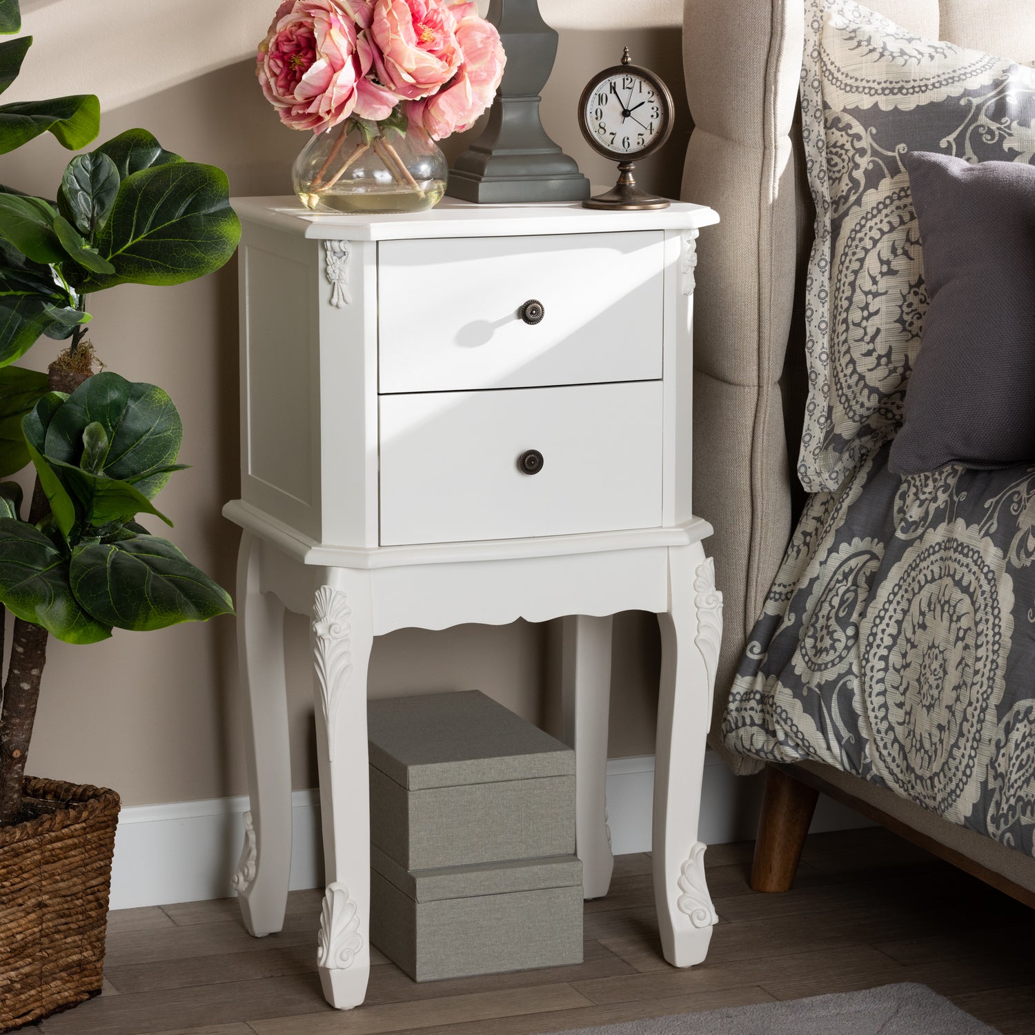 Sophia End Table Classic French Design with White Finished Wood and 2 Storage Drawers