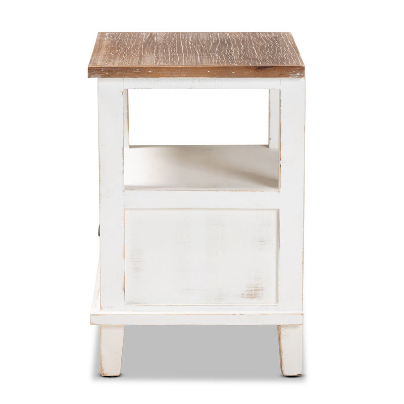 Glynn Rustic Farmhouse End Table Weathered Two-Tone White and Oak Brown Wood with 1 Drawer for Living Room or Bedroom Storage