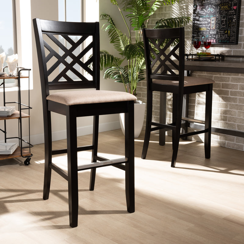 Jason Bar Stool Set Modern Contemporary Grey Fabric Upholstered Espresso Brown Finished Wood 2-Piece