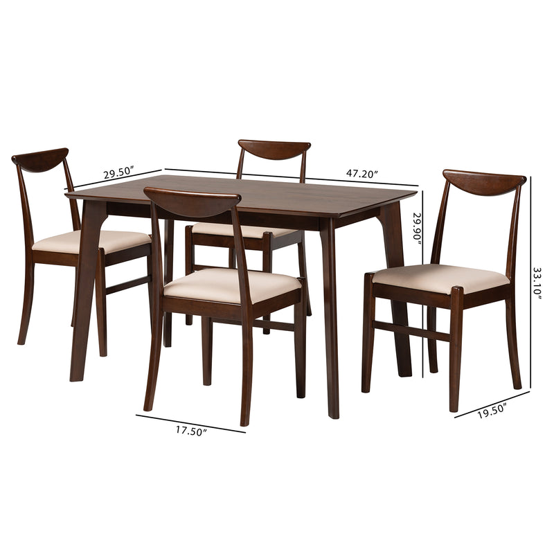 Delphina Dining Set Mid-Century Modern 5-Piece Cream Fabric and Dark Brown Wood Furniture for Stylish Dining Rooms