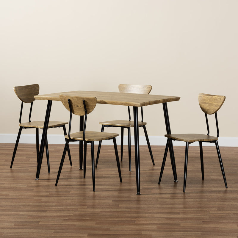 Gianetta 5-Piece Dining Set in Mid-Century Modern Style with Oak Brown Wood and Black Metal Accents