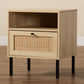 Caterina End Table - Mid-Century Modern Design with Natural Brown Wood and Rattan, 1-Door Storage for Living Room or Bedroom