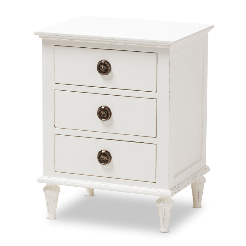 Venezia Nightstand French-Inspired Rustic Whitewash Wood 3-Drawer Storage Solution for Bedroom Decor