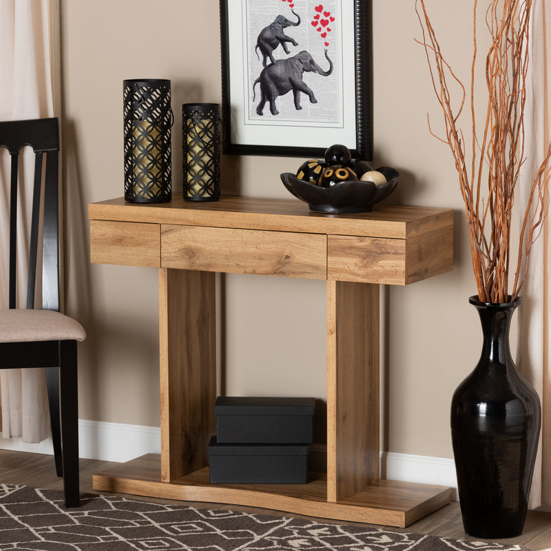 Otis Console Table Modern Oak Brown Finished Wood with 3 Drawers for Stylish Storage and Display