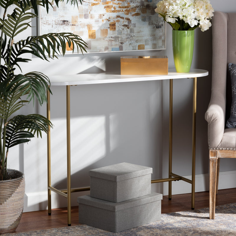 Samuel Modern Console Table Contemporary Gold Finished Metal Faux Marble Top