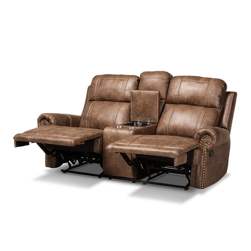 Buckley Reclining Loveseat Modern Light Brown Faux Leather Upholstered 2-Seater with Console for Ultimate Comfort and Style