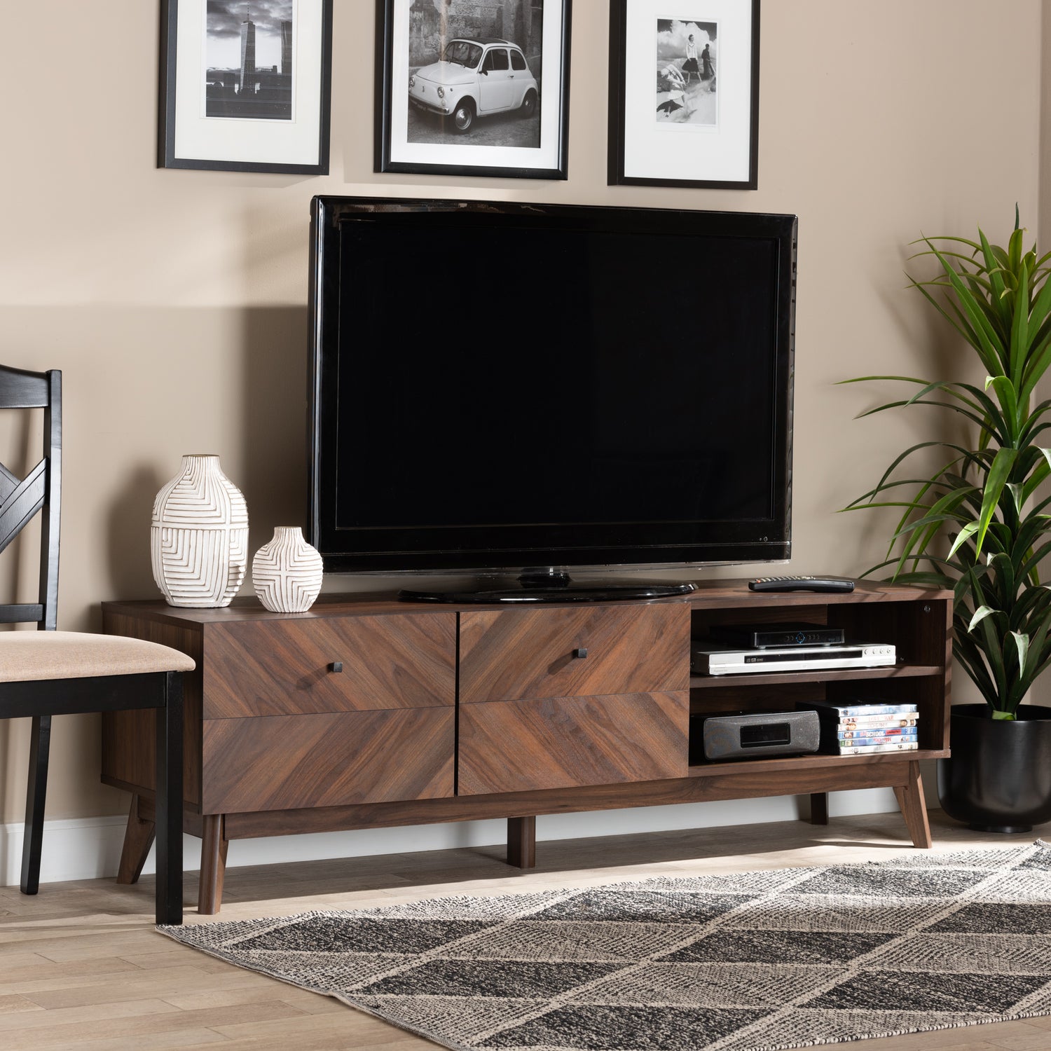 Hartman Mid-Century Modern TV Stand Walnut Brown Wood with Storage and Stylish Design