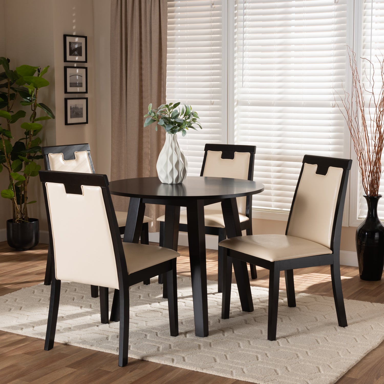 Ryan 5-Piece Dining Set - Modern Beige Faux Leather Chairs with Dark Brown Finished Wood Table