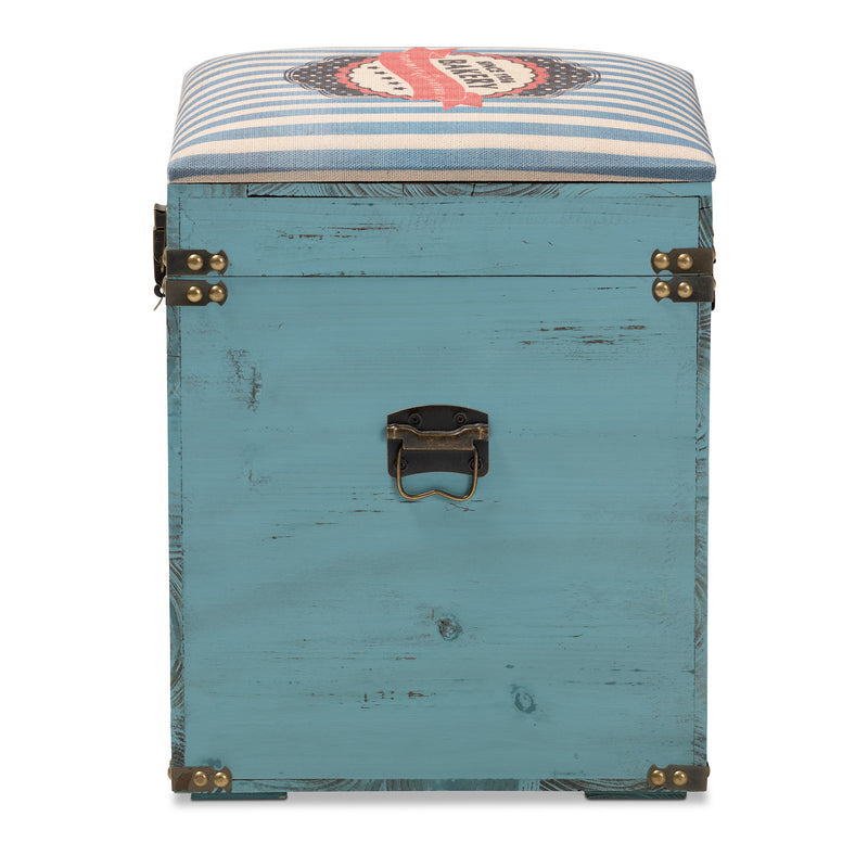 Caye Vintage Storage Trunk Ottoman Striped Fabric Upholstered with Light Blue Wood Finish